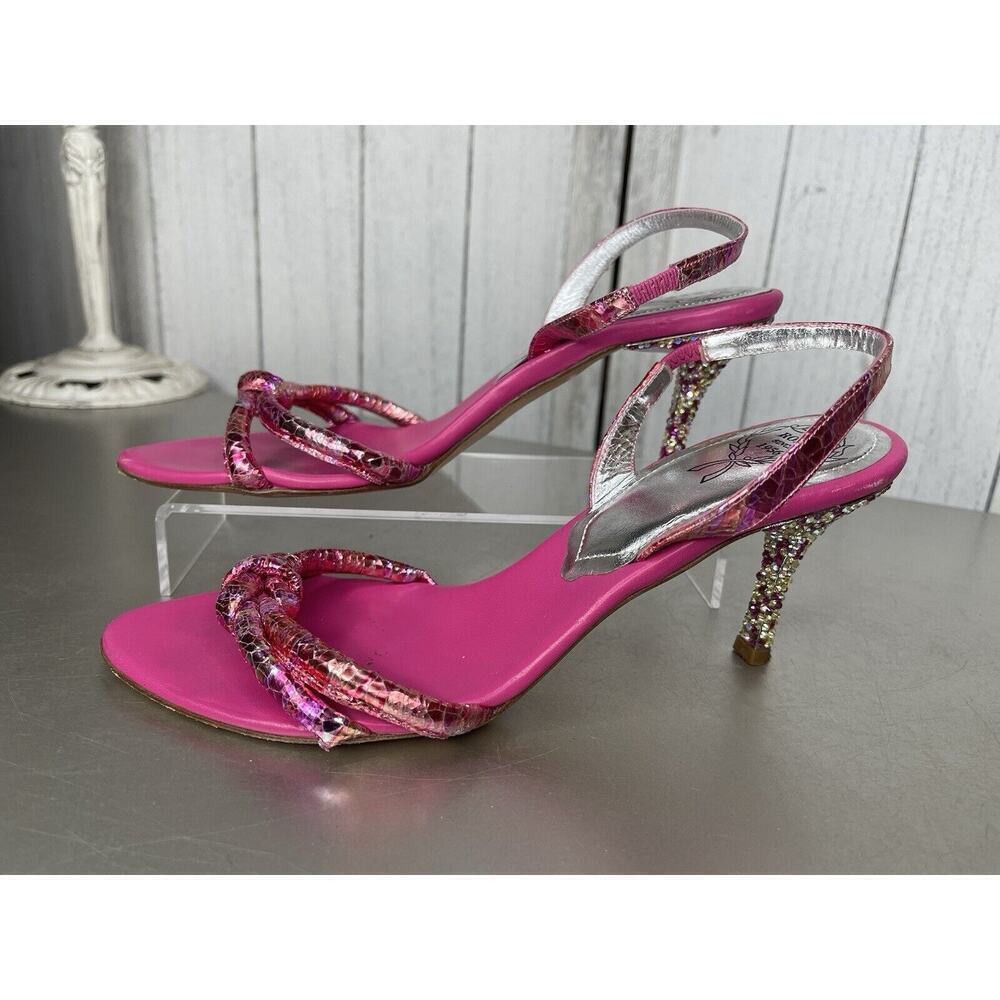 RODO Made In Italy Colorful Rhinestone Crystal Studded Heels Pink Slip On Sz 37